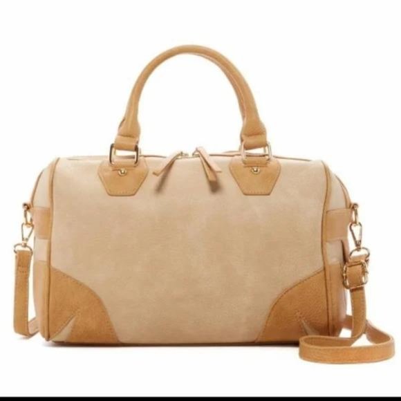 Pink Haley Kiara Two Tone Beige with Tan Satchel PU Leather Handbag  NEW! - Picture 2 of 4
